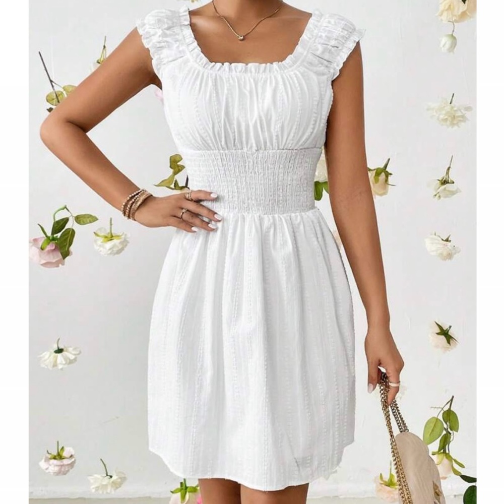 White Cap Sleeve Off Shoulder Frill Ruched Bust Shirred High Waist Mini Dress 2
